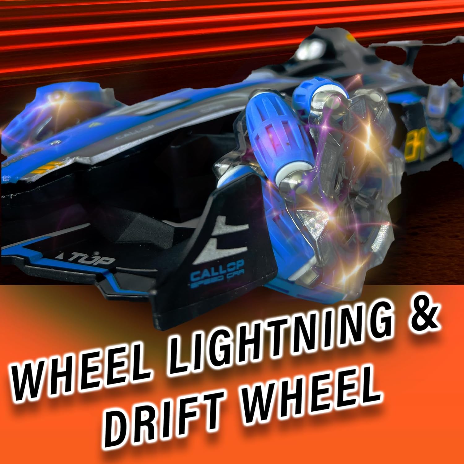 Gesture control racing car, blue and black 4WD high-speed RC drift car with omnidirectional wheels, hand sensor wrist remote, and traditional controller for kids and adults. www.usmile.toys
